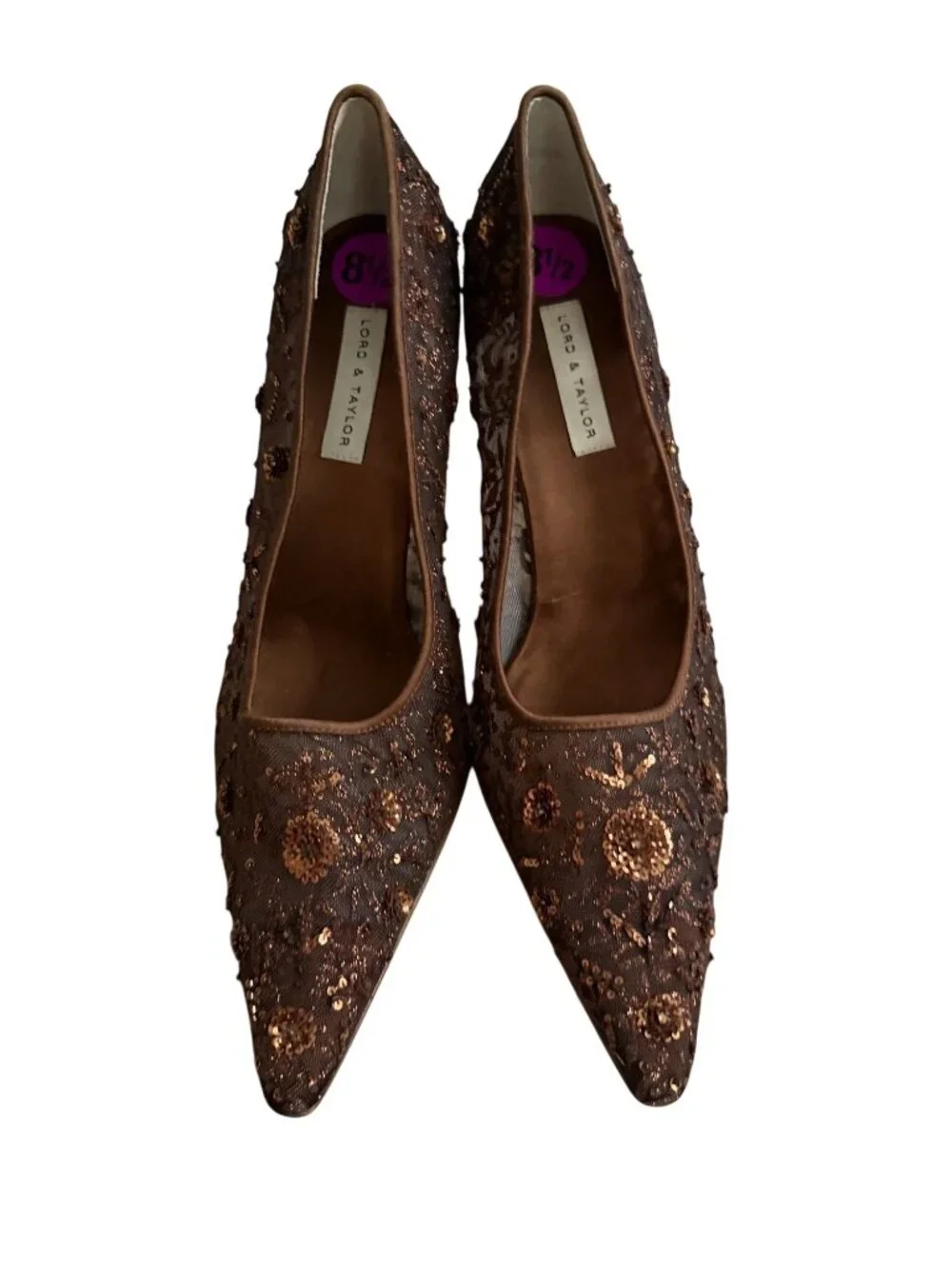 LORD & TAYLOR Brown Embellished Beaded Floral Heels Size 8.5